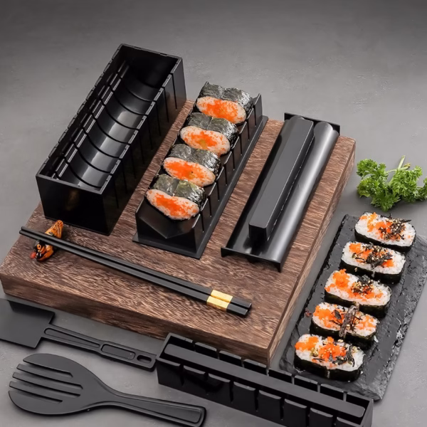 Set ustensile pentru facut sushi Flippy, 10 piese, forma inima inclus, 3 forme clasice, extensibil, finisaj lucios, material ABS, curatare usoara, negru - imagine 8