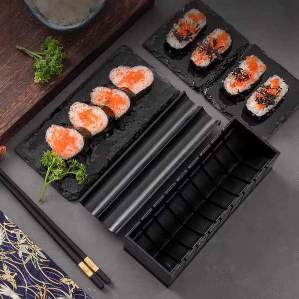 Set ustensile pentru facut sushi Flippy, 10 piese, forma inima inclus, 3 forme clasice, extensibil, finisaj lucios, material ABS, curatare usoara, negru - imagine 9