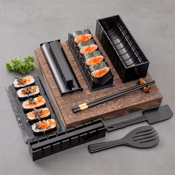Set ustensile pentru facut sushi Flippy, 10 piese, forma inima inclus, 3 forme clasice, extensibil, finisaj lucios, material ABS, curatare usoara, negru - imagine 10