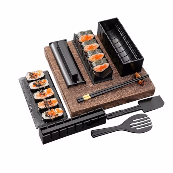 Set ustensile pentru facut sushi Flippy, 10 piese, forma inima inclus, 3 forme clasice, extensibil, finisaj lucios, material ABS, curatare usoara, negru - imagine 1