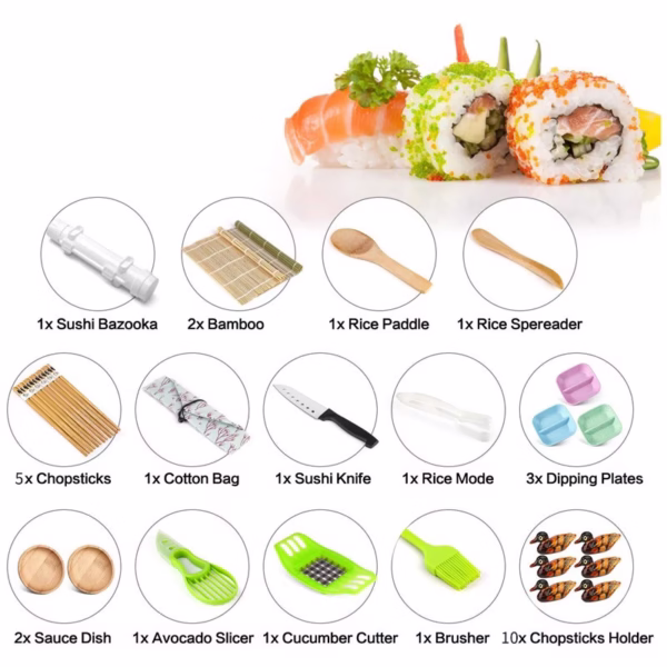 Set Ustensile pentru Sushi, Flippy, Set din 31 Accesorii pentru Sushi, Set pentru Sushi HOME MADE, Cutit Inclus, Forme, Betisoare, Multicolor - imagine 3