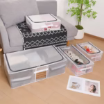 Cutie de Depozitare, Flippy, pentru Pantofi Haine, din Plasa PVC Impermeabila si Cadru de Otel, Pliabila, Fermoar Bidirectional, 40 x 30 x 15 cm Transparenta - imagine 2