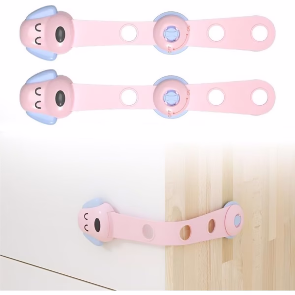 Siguranta pentru Usi Copii, Flippy, Sistem de Blocare Sertare, Dulap, Frigider, Adeziv, cu Sistem de Inchidere Dublu, Model Catelus, Roz - imagine 4