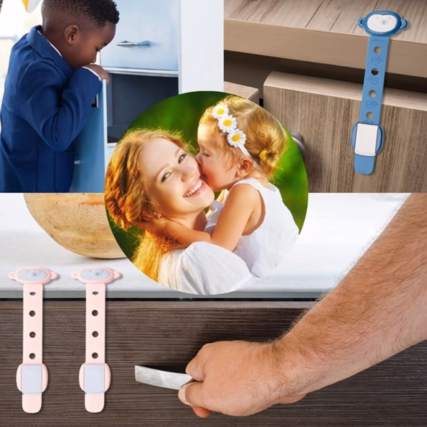 Siguranta pentru Usi Copii, Flippy, Sistem de Blocare Sertare, Dulap, Frigider, Adeziv, cu Sistem de Inchidere Dublu, Model Maimutica, Albastru - imagine 4