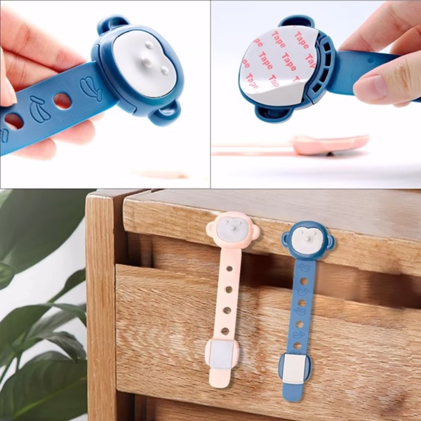 Siguranta pentru Usi Copii, Flippy, Sistem de Blocare Sertare, Dulap, Frigider, Adeziv, cu Sistem de Inchidere Dublu, Model Maimutica, Albastru - imagine 5
