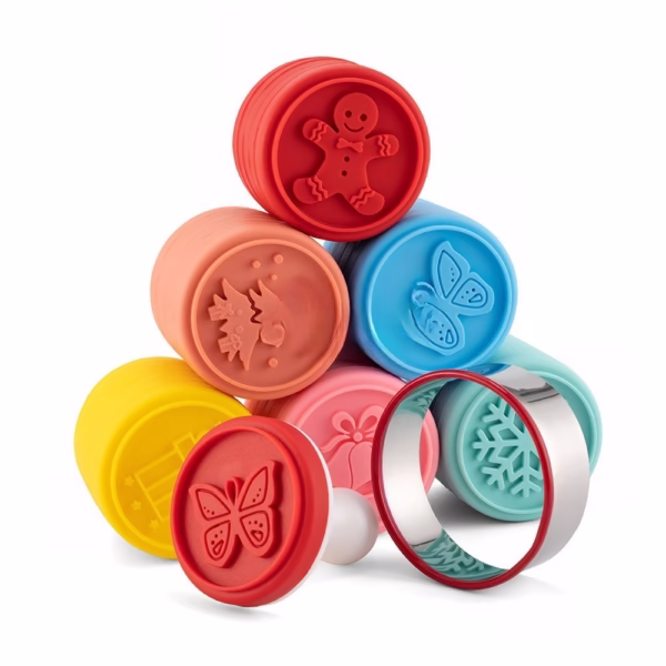 Set 6 stampile pentru prajituri Flippy, tematica de Craciun, din silicon alimentar non-toxic, taietor aluat inclus, 6 cm,  maner din plastic, compact, usor de depozitat, - imagine 1