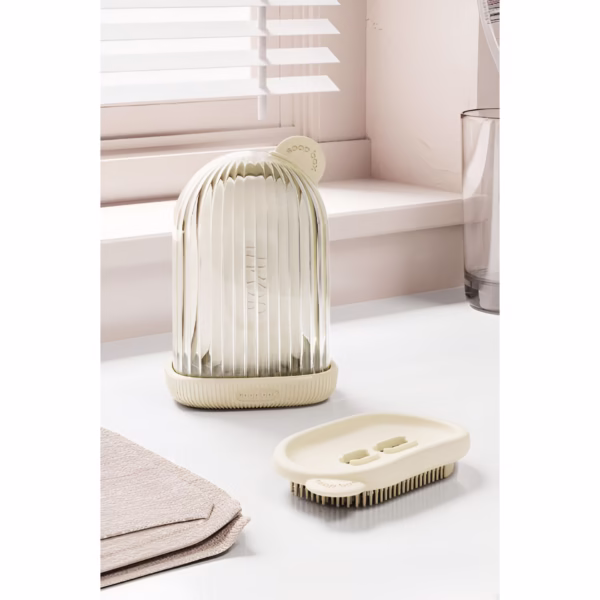 Sapuniera de Calatorie, Flippy, Suport pentru Sapun cu Scurgere a Apei, Recipient cu Capac Depozitare, Savoniera pentru Baie, 12.6x6.1x8.4cm, Crem - imagine 2