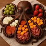 Platou pentru Servire, Flippy, in Forma de Caracatita, 8 Compartimente pentru Mezeluri Branzeturi Snacksuri, Design Artistic, din Lemn Masiv, 26 x 25 x 3 cm, Maro inchis - imagine 2