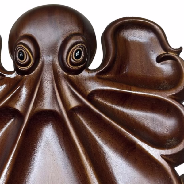 Platou pentru Servire, Flippy, in Forma de Caracatita, 8 Compartimente pentru Mezeluri Branzeturi Snacksuri, Design Artistic, din Lemn Masiv, 26 x 25 x 3 cm, Maro inchis - imagine 3