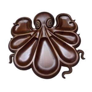 Platou pentru Servire, Flippy, in Forma de Caracatita, 8 Compartimente pentru Mezeluri Branzeturi Snacksuri, Design Artistic, din Lemn Masiv, 26 x 25 x 3 cm, Maro inchis