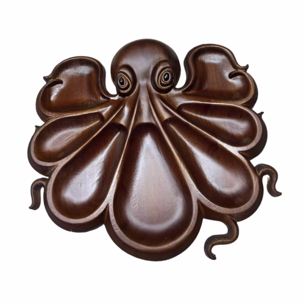 Platou pentru Servire, Flippy, in Forma de Caracatita, 8 Compartimente pentru Mezeluri Branzeturi Snacksuri, Design Artistic, din Lemn Masiv, 26 x 25 x 3 cm, Maro inchis - imagine 1