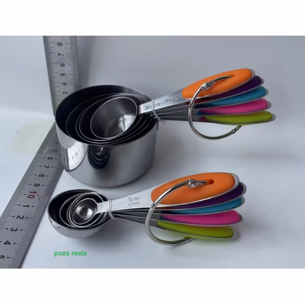 Set 10 Piese de Masurare, Flippy, 5 Linguri Gradate + 5 Cesti Gradate, Otel Inoxidabil + Silicon, 19 x 8 x 9 cm, Multicolor - imagine 2