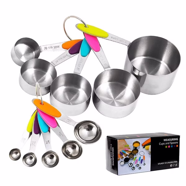 stainless-steel-measuring-cup-measuring-spoon-10-piece-set-with-scale-measuring-spoon-main-66230e30e40db Set 10 Piese de Masurare, Flippy, 5 Linguri Gradate + 5 Cesti Gradate, Otel Inoxidabil + Silicon, 19 x 8 x 9 cm, Multicolor - imagine 1