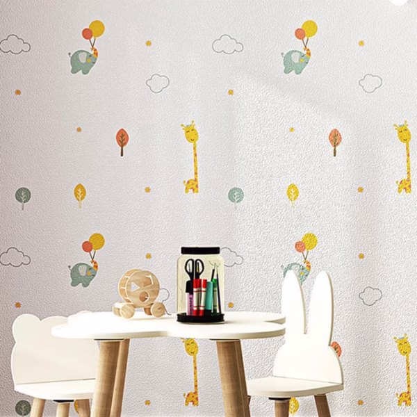 Rola Autoadeziva pentru Perete, Flippy, din Panza, 10 m, Rezistenta la Umezeala, 2.5 mm Grosime, Model Girafa si Elefant, Multicolor - imagine 3