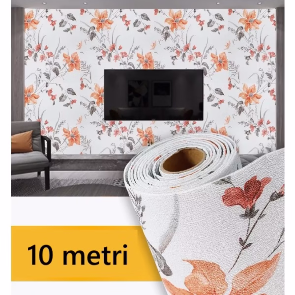 Rola Autoadeziva pentru Perete, Flippy, din Panza, 10 m, Rezistenta la Umezeala, 2.5 mm Grosime, Model Flori, Portocaliu - imagine 3