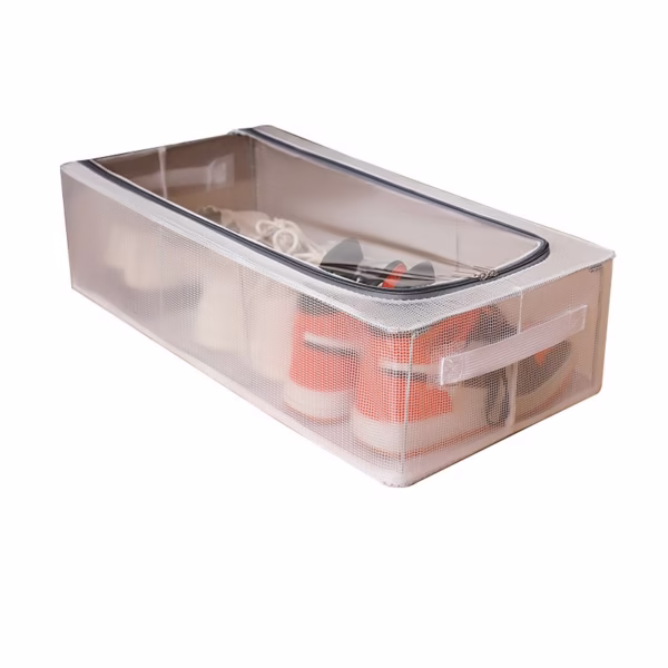 Cutie de Depozitare, Flippy, pentru Pantofi Haine, din Plasa PVC Impermeabila si Cadru de Otel, Pliabila, Fermoar Bidirectional, 60 x 30 x 15 cm, Transparenta - imagine 1