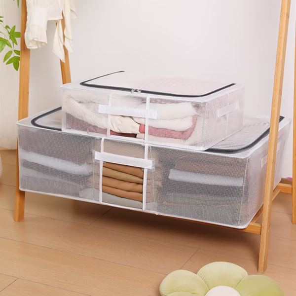 Cutie de Depozitare, Flippy, pentru Haine, Incaltaminte, din Plasa PVC Impermeabila si Manere Laterale, Pliabila, Fermoar Bidirectional, 80 x 47 x 18 cm, Transparenta - imagine 3