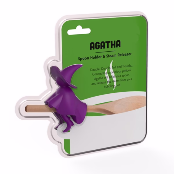 Suport Capac Anti-Varsare, Suport Lingura pentru Oala, Flippy, Model Vrajitoare, din Silicon, Mov - imagine 4