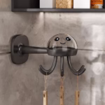 Suport Cuier pentru Perete, Flippy, Model Caracatita, Adeziv, 10 x 8.5 cm, 6 Brate, Gri - imagine 6