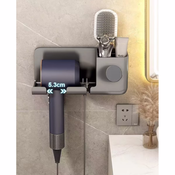Suport de Baie, Flippy, pentru Uscator de Par, cu Organizator Dublu, din Plastic, Aplicare cu Suport Adeziv, 23 x 8.8 x 9.5 cm, Gri - imagine 5