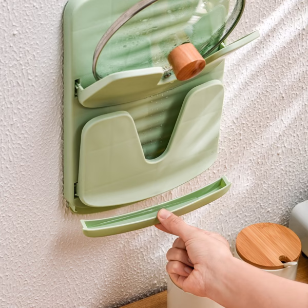 Suport de Bucatarie, Flippy, pentru Capace/Tocatoare, din Plastic, Colectare Apa Scursa, Montare fara Perfoarare, 33.3 x 20.7 x 3.5 cm, Verde - imagine 5