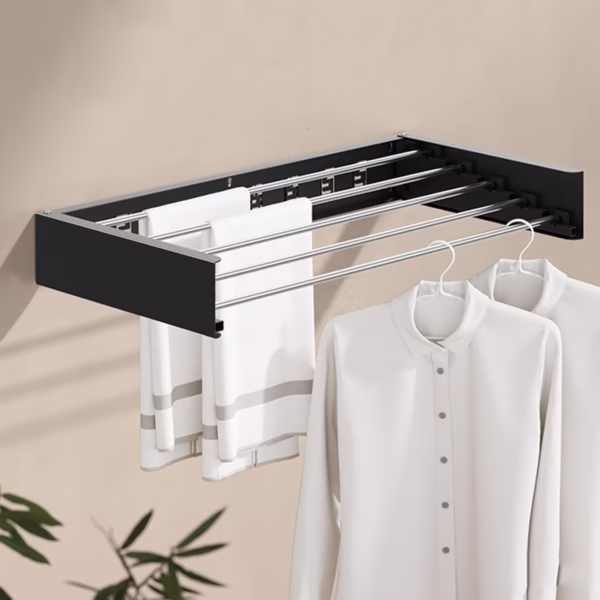 Suport Haine, Flippy, Depozitare si Uscare Rufe, din Aluminiu, Pliabil, Impermeabil, Montare prin Perforare, 80 cm, Negru - imagine 4