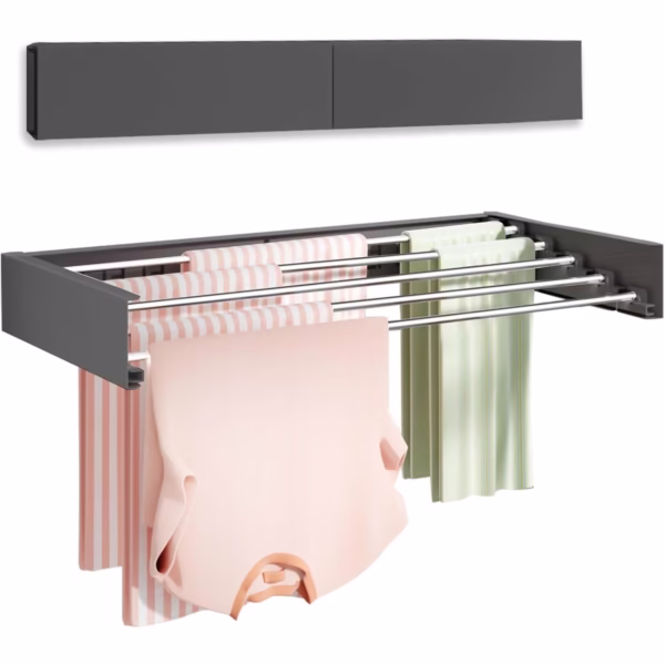 Suport Haine, Flippy, Depozitare si Uscare Rufe, din Aluminiu, Pliabil, Impermeabil, Montare prin Perforare, 80 cm, Negru - imagine 1