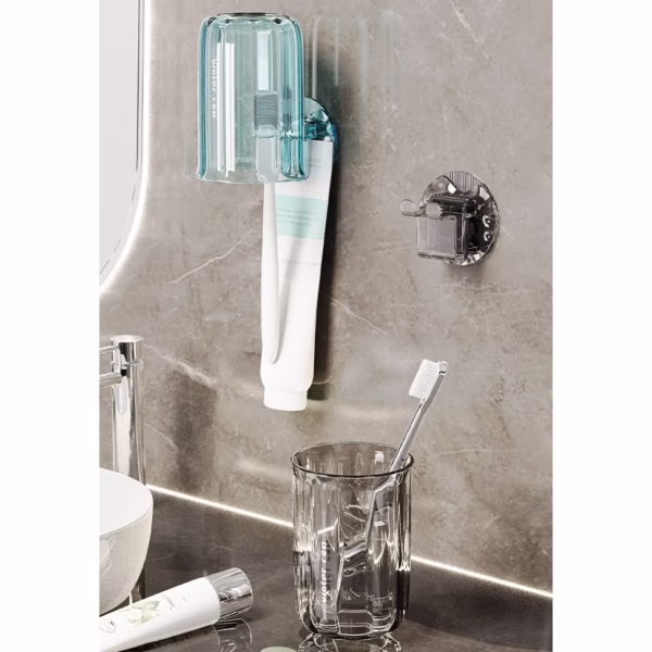 Suport Multifunctional 2 in 1, Pahar si Suport pentru Periuta de Dinti, Flippy, Plastic, Dimensiune: 10.4 x 7.3 x 7.3 cm, Albastru - imagine 5