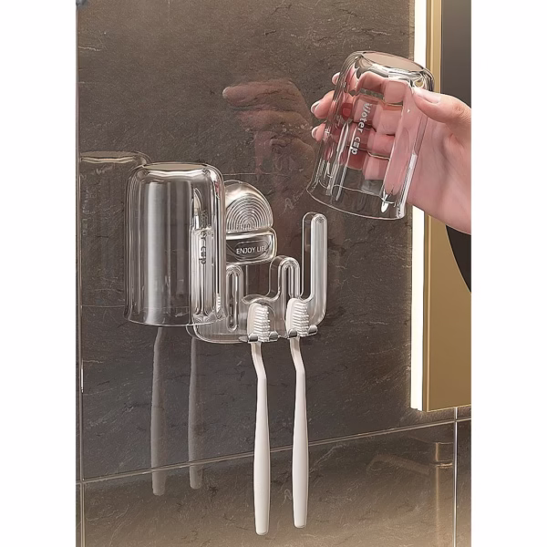 Suport Multifunctional Dublu, Pahar si Suport pentru Periuta de Dinti, Flippy, Plastic, 11 cm x 11.5 cm, Gri - imagine 4