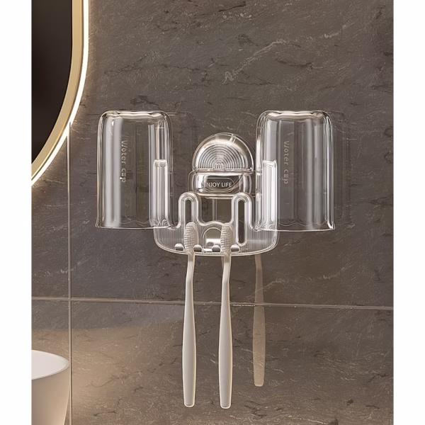 Suport Multifunctional Dublu, Pahar si Suport pentru Periuta de Dinti, Flippy, Plastic, 11 cm x 11.5 cm, Transparent - imagine 6