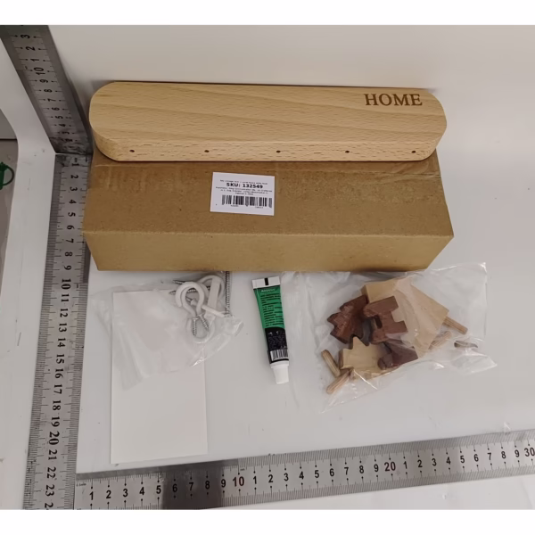 Suport pentru Chei, Flippy, din Lemn, Aplicare fara Perforare, Adeziv Inclus, 5 Carlige Albe, Model Casuta, Greutate Suportata 5 kg, 13.5 x 23 cm, Maro - imagine 2