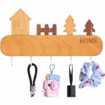 Suport pentru Chei, Flippy, din Lemn, Aplicare fara Perforare, Adeziv Inclus, 5 Carlige Albe, Model Casuta, Greutate Suportata 5 kg, 13.5 x 23 cm, Maro - imagine 3