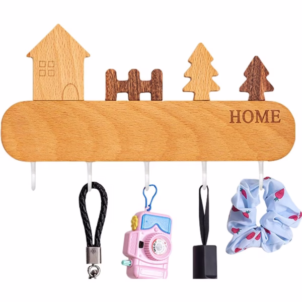 Suport pentru Chei, Flippy, din Lemn, Aplicare fara Perforare, Adeziv Inclus, 5 Carlige Albe, Model Casuta, Greutate Suportata 5 kg, 13.5 x 23 cm, Maro - imagine 3