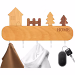Suport pentru Chei, Flippy, din Lemn, Aplicare fara Perforare, Adeziv Inclus, 5 Carlige Albe, Model Casuta, Greutate Suportata 5 kg, 13.5 x 23 cm, Maro - imagine 7