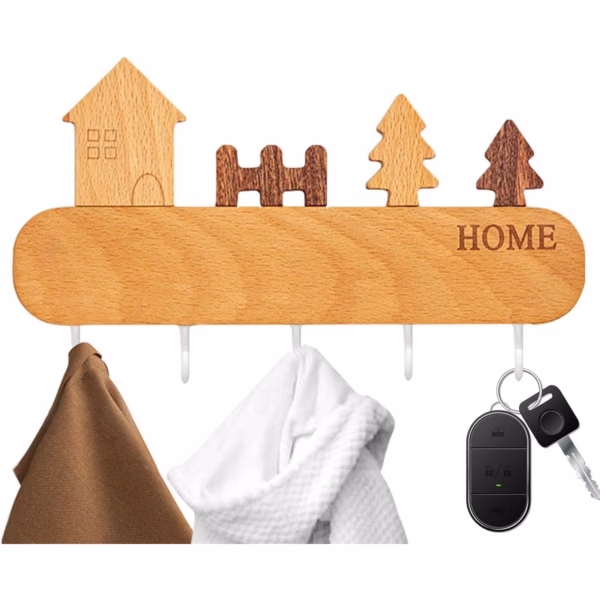 Suport pentru Chei, Flippy, din Lemn, Aplicare fara Perforare, Adeziv Inclus, 5 Carlige Albe, Model Casuta, Greutate Suportata 5 kg, 13.5 x 23 cm, Maro - imagine 7