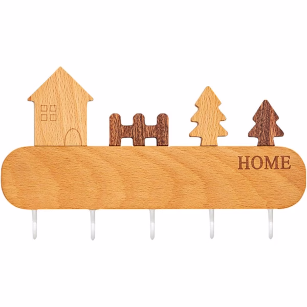 Suport pentru Chei, Flippy, din Lemn, Aplicare fara Perforare, Adeziv Inclus, 5 Carlige Albe, Model Casuta, Greutate Suportata 5 kg, 13.5 x 23 cm, Maro - imagine 1