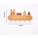 Suport pentru Chei, Flippy, din Lemn, Aplicare fara Perforare, Adeziv Inclus, 5 Carlige Albe, Model Iepure, Greutate Suportata 5 kg, 13.5 x 22 cm, Maro - imagine 3