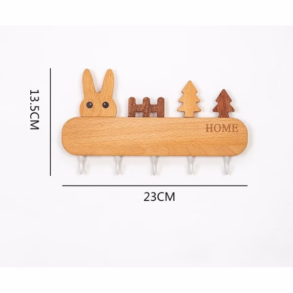 Suport pentru Chei, Flippy, din Lemn, Aplicare fara Perforare, Adeziv Inclus, 5 Carlige Albe, Model Iepure, Greutate Suportata 5 kg, 13.5 x 22 cm, Maro - imagine 3