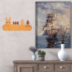 Suport pentru Chei, Flippy, din Lemn, Aplicare fara Perforare, Adeziv Inclus, 5 Carlige Albe, Model Iepure, Greutate Suportata 5 kg, 13.5 x 22 cm, Maro - imagine 6