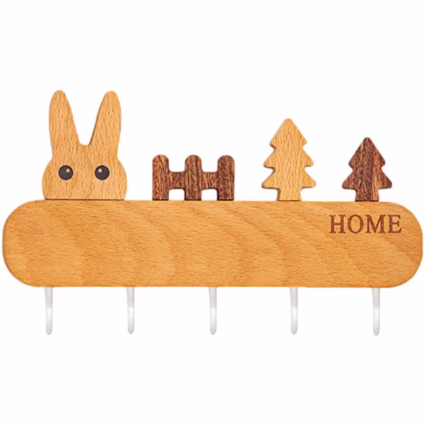 Suport pentru Chei, Flippy, din Lemn, Aplicare fara Perforare, Adeziv Inclus, 5 Carlige Albe, Model Iepure, Greutate Suportata 5 kg, 13.5 x 22 cm, Maro - imagine 1