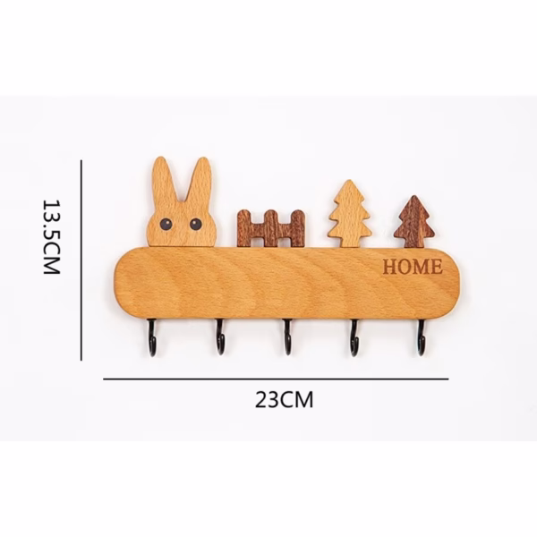 Suport pentru Chei, Flippy, din Lemn, Aplicare fara Perforare, Adeziv Inclus, 5 Carlige Negre, Model Iepure, Greutate Suportata 5 kg, 13.5 x 22 cm, Maro - imagine 2