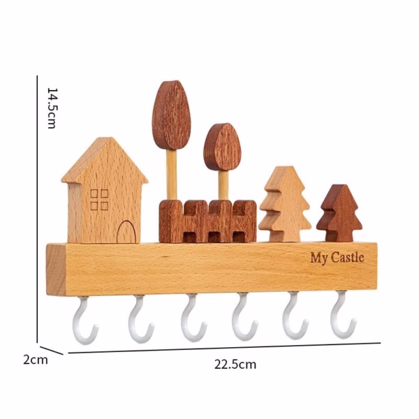 Suport pentru Chei, Flippy, din Lemn, Aplicare fara Perforare, Adeziv Inclus, 6 Carlige Albe, Model Casuta, Greutate Suportata 5 kg, 14.5 x 2 x 22.5 cm, Maro - imagine 2