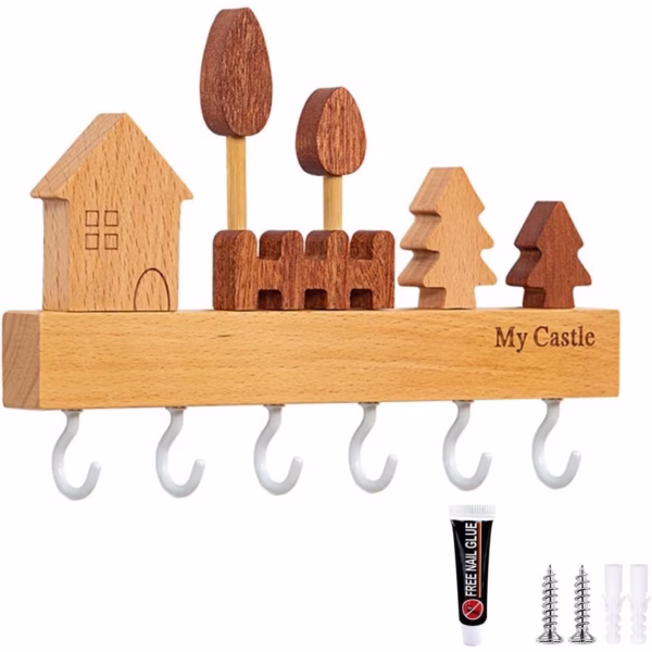Suport pentru Chei, Flippy, din Lemn, Aplicare fara Perforare, Adeziv Inclus, 6 Carlige Albe, Model Casuta, Greutate Suportata 5 kg, 14.5 x 2 x 22.5 cm, Maro - imagine 4