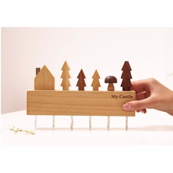 Suport pentru Chei, Flippy, din Lemn, Aplicare fara Perforare, Adeziv Inclus, 6 Carlige Albe, Model Casuta, Greutate Suportata 5 kg, 14.5 x 2 x 22.5 cm, Maro - imagine 7