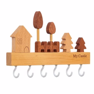 Suport pentru Chei, Flippy, din Lemn, Aplicare fara Perforare, Adeziv Inclus, 6 Carlige Albe, Model Casuta, Greutate Suportata 5 kg, 14.5 x 2 x 22.5 cm, Maro