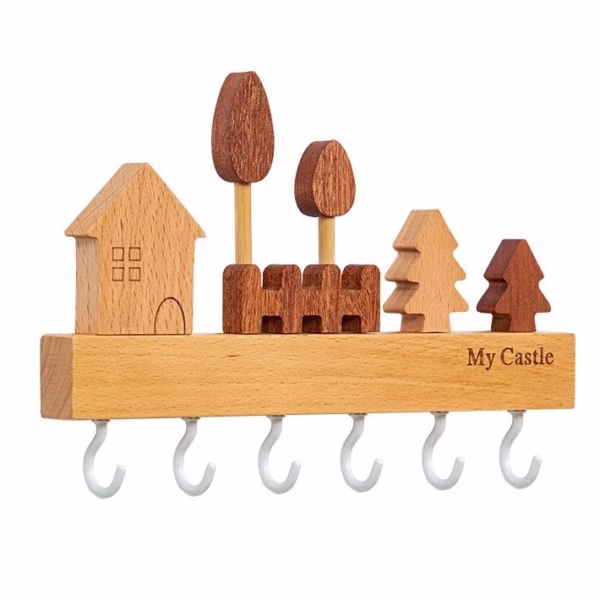 Suport pentru Chei, Flippy, din Lemn, Aplicare fara Perforare, Adeziv Inclus, 6 Carlige Albe, Model Casuta, Greutate Suportata 5 kg, 14.5 x 2 x 22.5 cm, Maro - imagine 1