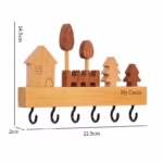 Suport pentru Chei, Flippy, din Lemn, Aplicare fara Perforare, Adeziv Inclus, 6 Carlige Negre, Model Casuta, Greutate Suportata 5 kg, 14.5 x 2 x 22.5 cm, Maro - imagine 4