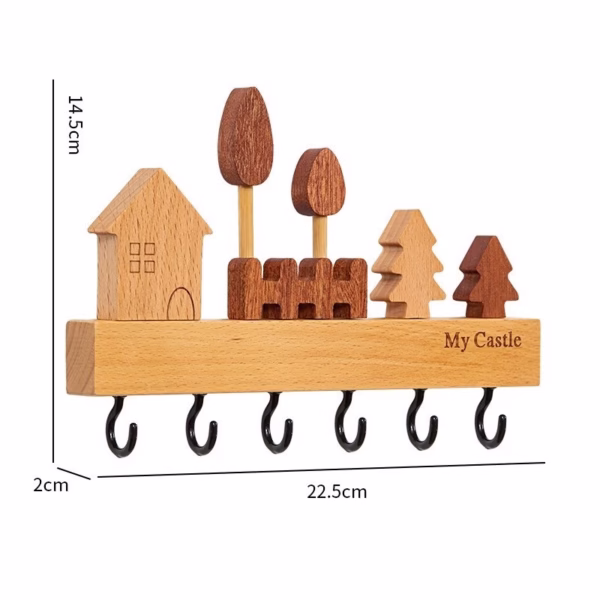 Suport pentru Chei, Flippy, din Lemn, Aplicare fara Perforare, Adeziv Inclus, 6 Carlige Negre, Model Casuta, Greutate Suportata 5 kg, 14.5 x 2 x 22.5 cm, Maro - imagine 4