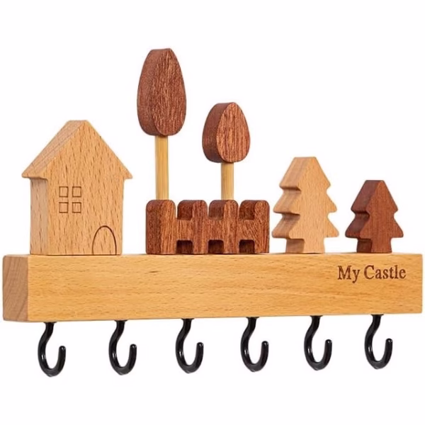 Suport pentru Chei, Flippy, din Lemn, Aplicare fara Perforare, Adeziv Inclus, 6 Carlige Negre, Model Casuta, Greutate Suportata 5 kg, 14.5 x 2 x 22.5 cm, Maro - imagine 1