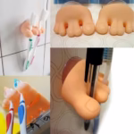 Suport de Baie, Flippy, Multifunctional, pentru Periute/Cabluri, din PVC, cu Ventuza, Model Picior, 4 x 6.5 cm, Crem - imagine 6
